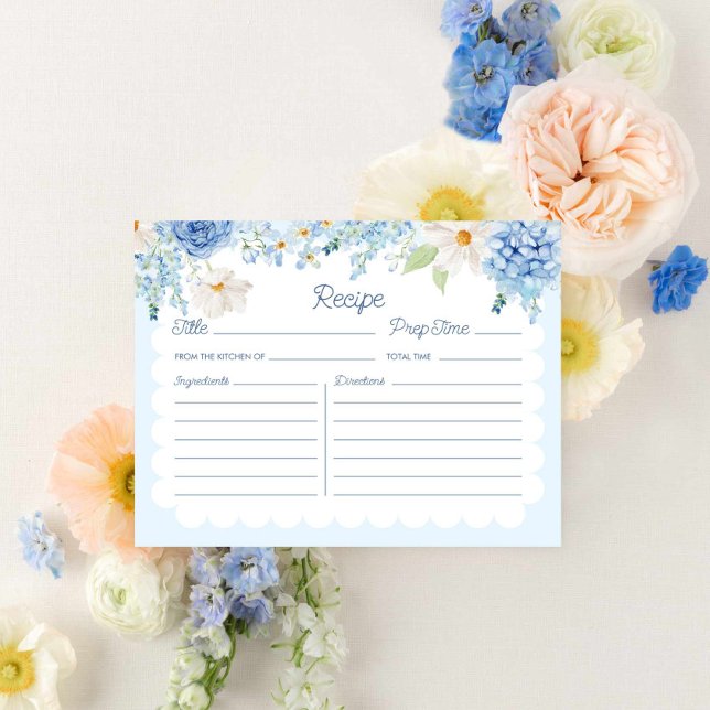 Elegante tarjeta de recetas nupciales florales (Elegant Blue Flower Recipe Card)