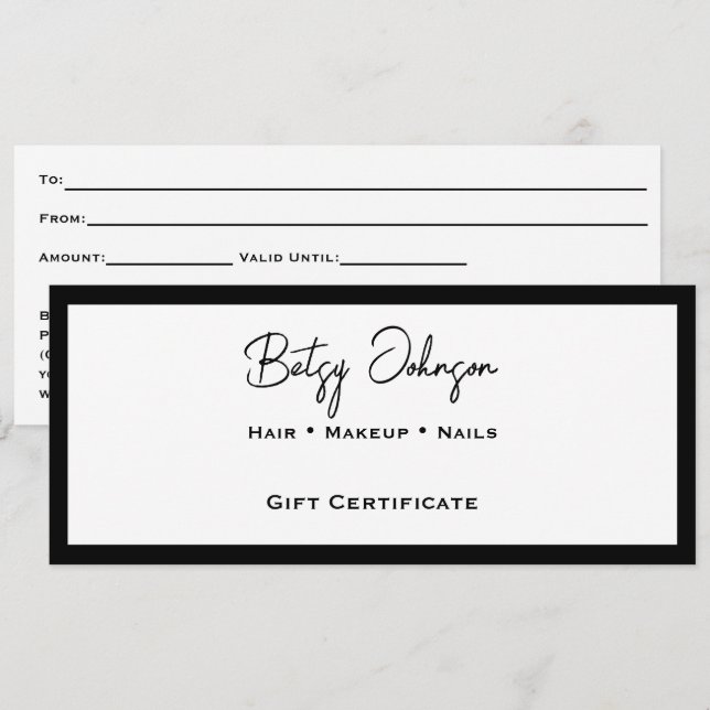 Elegante tarjeta de regalo blanca y negra (Anverso / Reverso)