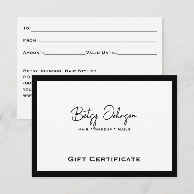 Elegante tarjeta de regalo blanca y negra (Anverso / Reverso)