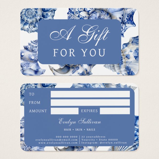 Elegante tarjeta de regalo de conchas azules (Anverso y reverso)