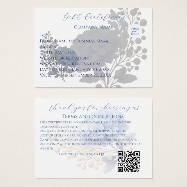 Elegante tarjeta de regalo de Hydrangea azul Vouch (Anverso y reverso)