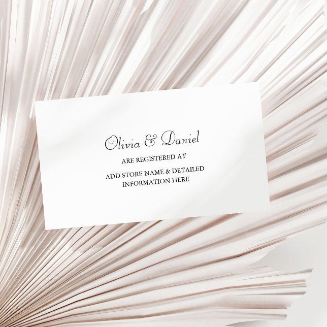 Elegante tarjeta de registro de Bodas Minimalistas (Elegant Minimalist Wedding Registry Card on a sunny white dry palm leaf.)