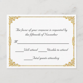 Elegante tarjeta de respuesta Boda con marco dorad