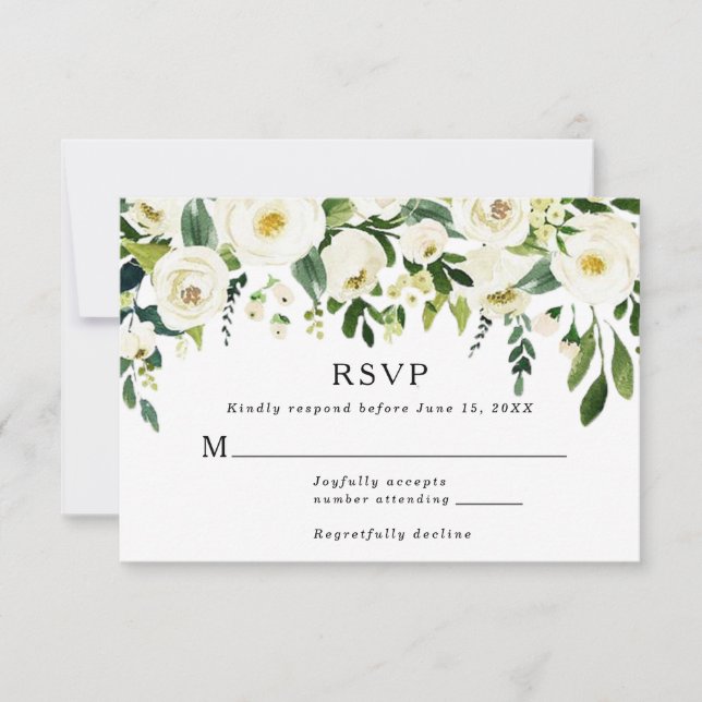 Elegante tarjeta de respuesta Boda de rosas blanca (Anverso)