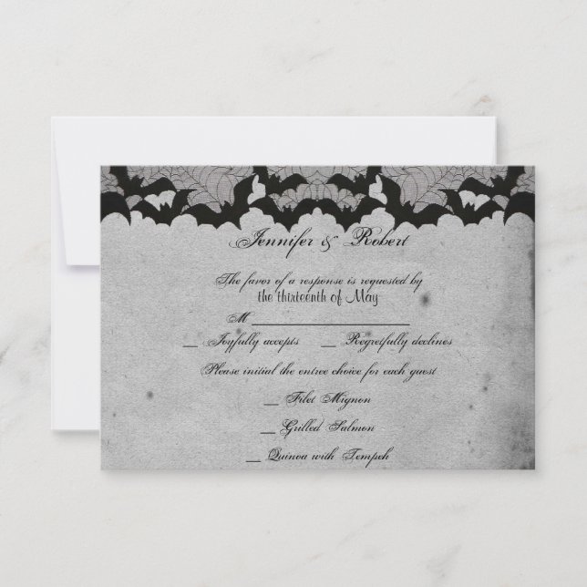 Elegante Tarjeta de Respuesta Boda Gótica Bat Lace (Anverso)