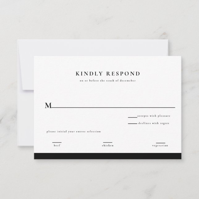 Elegante tarjeta de respuesta de Boda blanco y neg (Anverso)