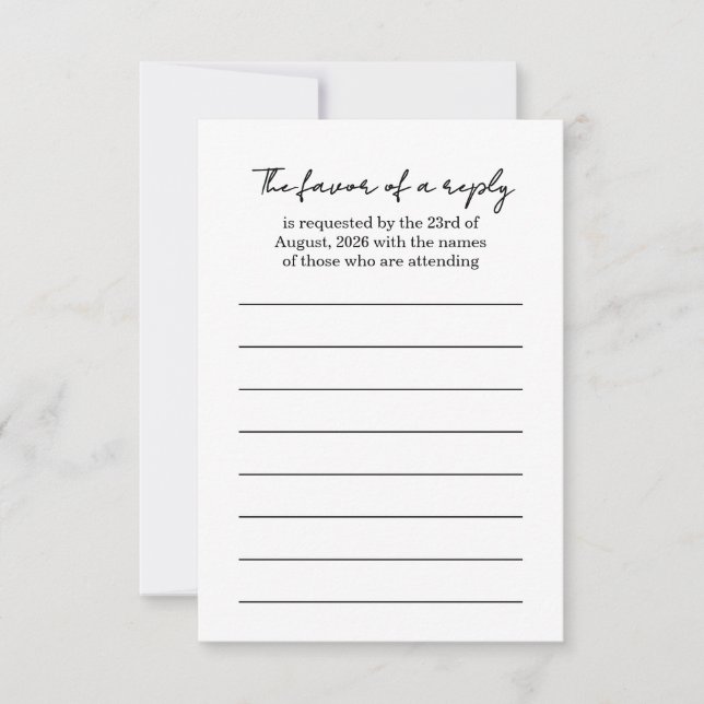 Elegante tarjeta de respuesta de Boda blanco y neg (Anverso)