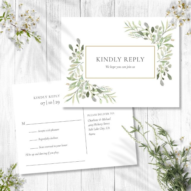 Elegante tarjeta de respuesta de boda con vegetaci (Elegant Watercolor Greenery Wedding RSVP Invitation Postcard)