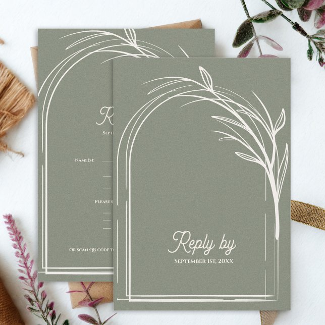 Elegante tarjeta de respuesta de boda en verde sal (Sage Green Minimalist Arch Botanical Wedding RSVP Card with QR Code | Modern Wedding Reply Card)