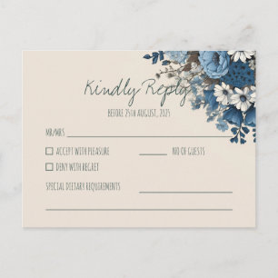 Elegante tarjeta de respuesta de boda floral azul