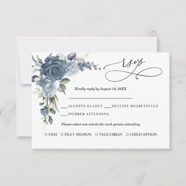 Elegante tarjeta de respuesta de boda floral en az (Anverso)