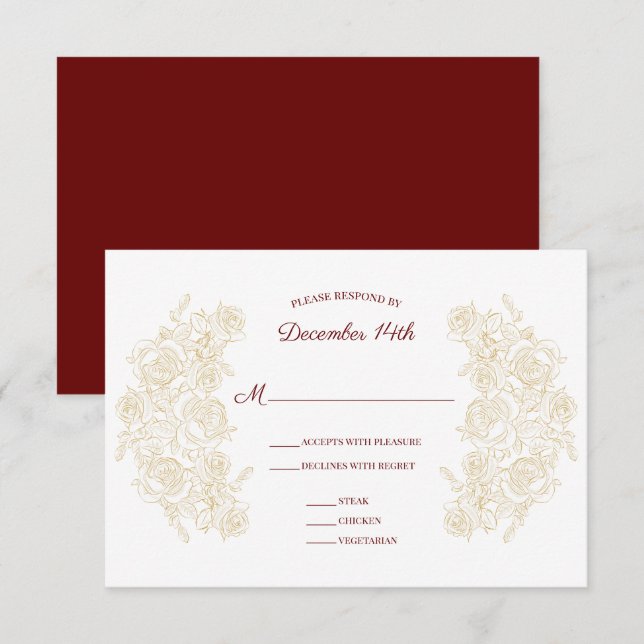 Elegante tarjeta de respuesta de Borgoña y Rosas d (Anverso / Reverso)