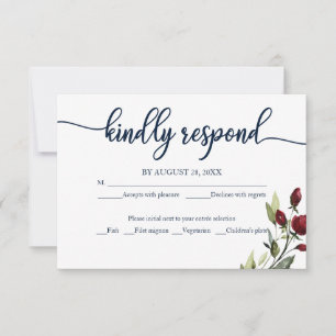 Elegante Tarjeta de Respuesta Floral Burgundy Azul