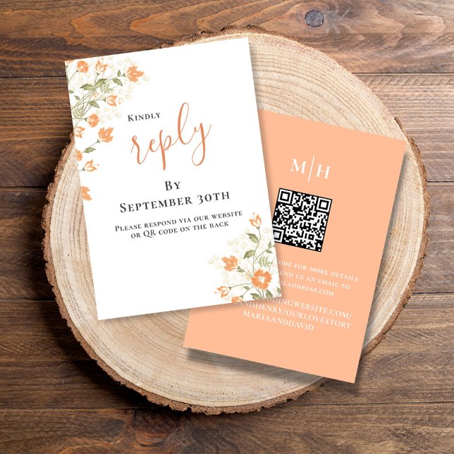 Elegante Tarjeta de respuesta RSVP de Boda de Peac (Simple Wedding reply card with a peach floral design and QR code template.)