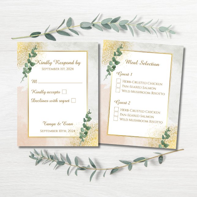 Elegante tarjeta de respuesta RSVP de Boda Verde y (Elegant Green & Gold Wedding RSVP & Meal Selection Enclosure Card)