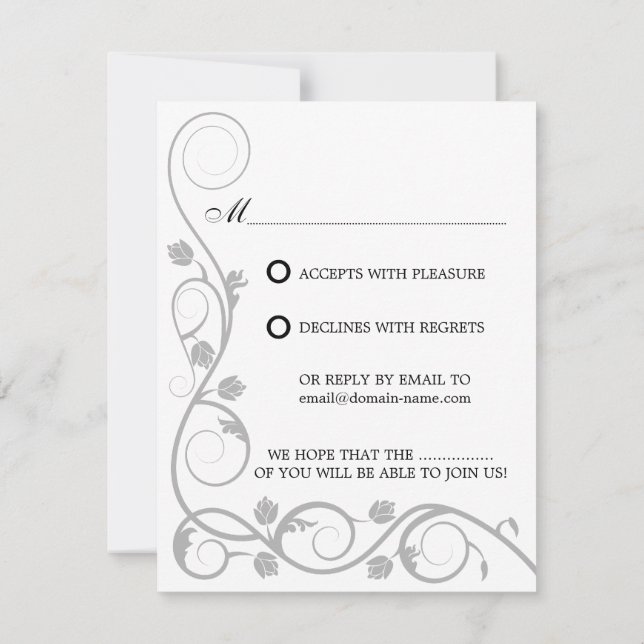 Elegante tarjeta de respuesta RSVP / Swirls Silver (Reverso)