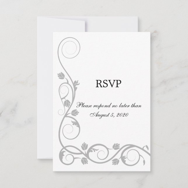 Elegante tarjeta de respuesta RSVP / Swirls Silver (Anverso)