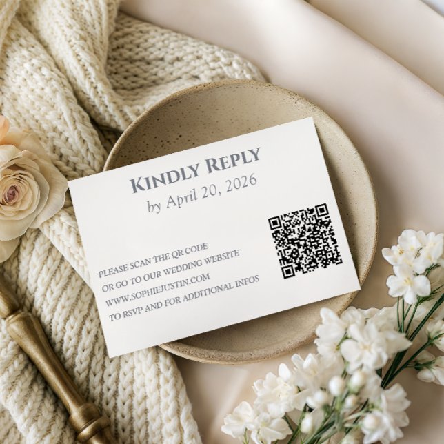 Elegante tarjeta de RSVP con código QR en gris pla (Subido por el creador)
