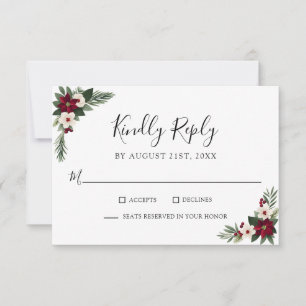 Elegante tarjeta de RSVP de boda con flores rojas 