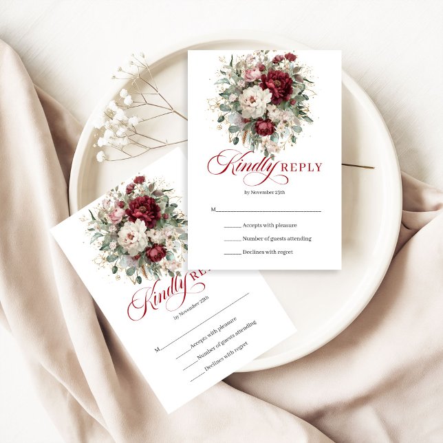 Elegante tarjeta de RSVP de boda con flores y foll (Elegant Burgundy Floral Greenery Wedding RSVP Card)