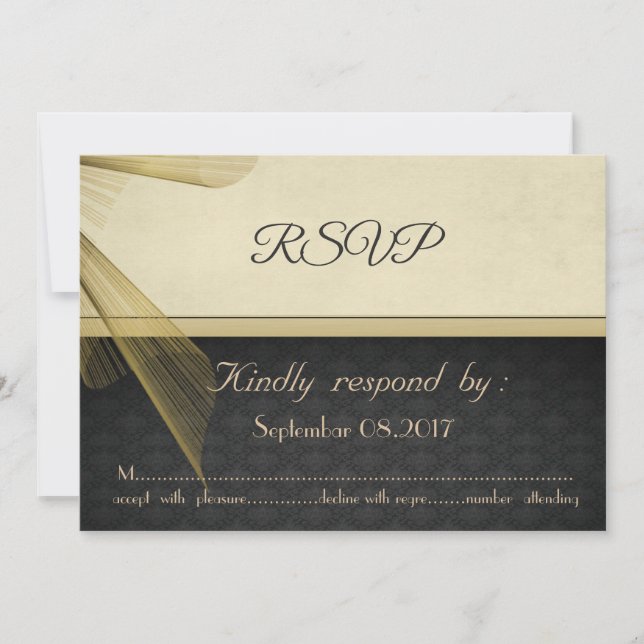 Elegante Tarjeta de RSVP de Boda de Damasco Negro  (Anverso)