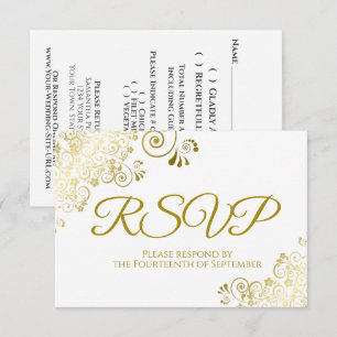 Elegante tarjeta de RSVP de boda dorada y blanca d