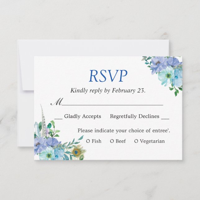 Elegante Tarjeta de RSVP de Boda Floral Azul Safir (Anverso)