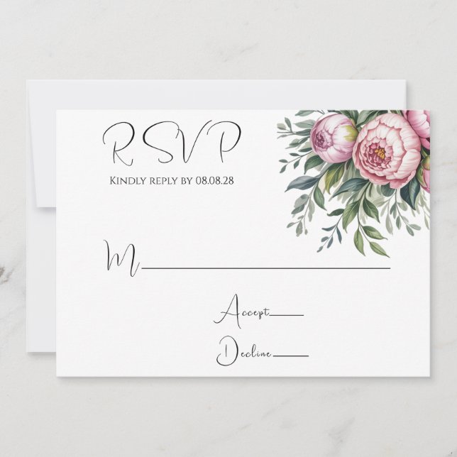 Elegante tarjeta de RSVP de Boda Floral Peony (Anverso)