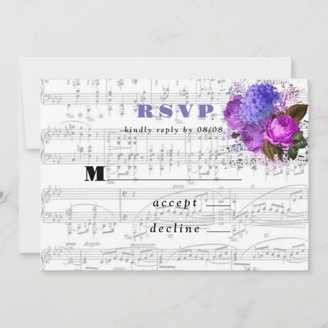 Elegante tarjeta de RSVP de boda musical floral (Anverso)