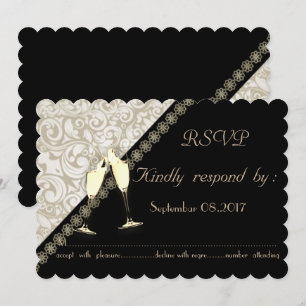 Elegante Tarjeta de RSVP de Boda Negra y Damask