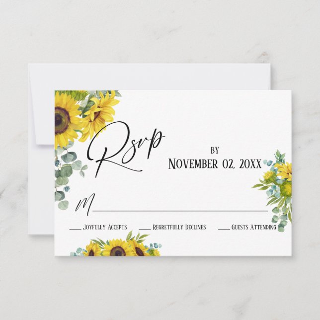 Elegante Tarjeta de RSVP de Girasoles y Eucalipto  (Anverso)