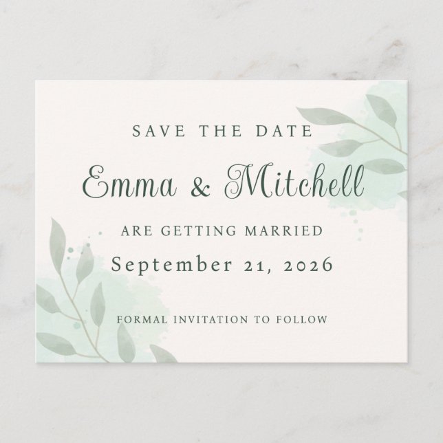 Elegante tarjeta de Save the Date botánico en verd (Anverso)