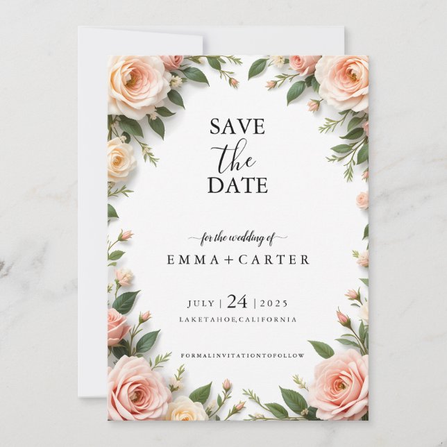 Elegante tarjeta de Save the Date con borde de ros (Anverso)