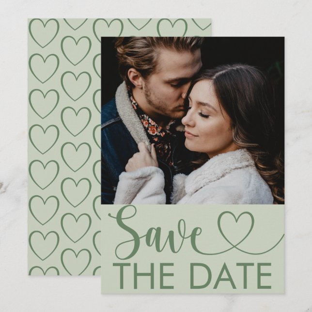 Elegante tarjeta de 'Save the Date' en verde sabio (Anverso / Reverso)