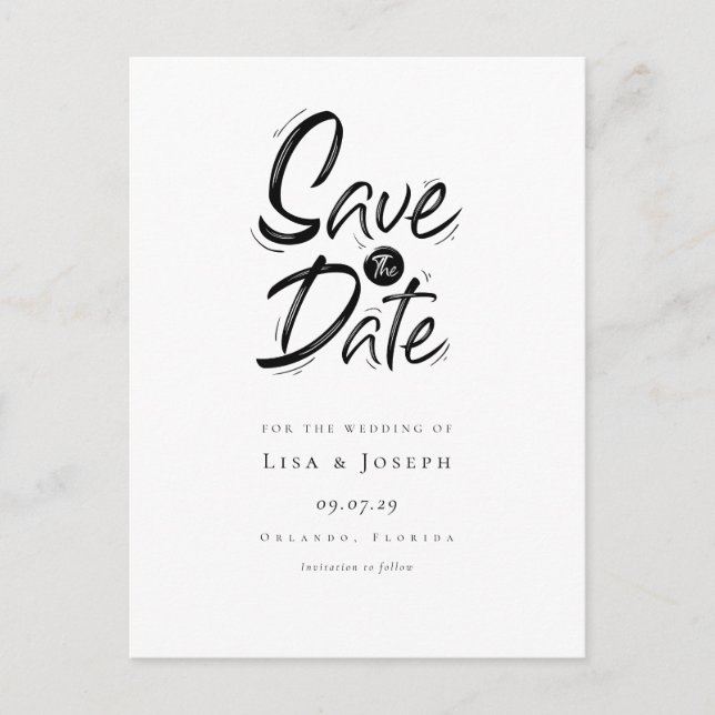 Elegante tarjeta de 'Save the Date' grabada en neg (Anverso)