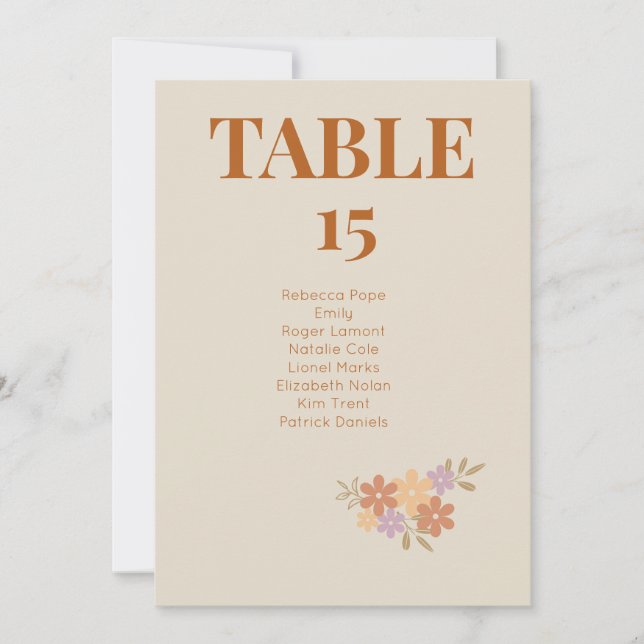 Elegante TARJETA DE TABLA Boda Floral Boho (Anverso)