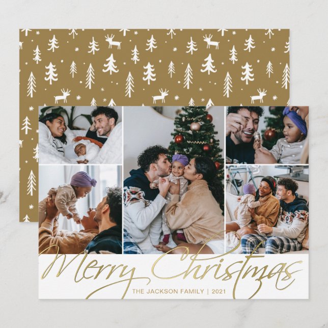 Elegante tarjeta de vacaciones de Navidad Gold 5 P (Anverso / Reverso)