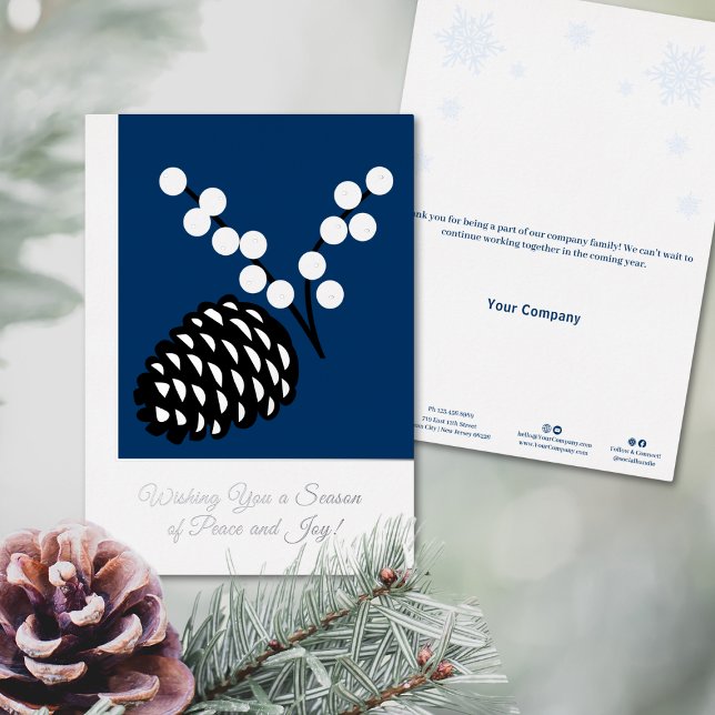 Elegante tarjeta de vacaciones de Relieve metaliza (Elegant Pine Cone Foil Business Holiday Card, Black, White and Blue)