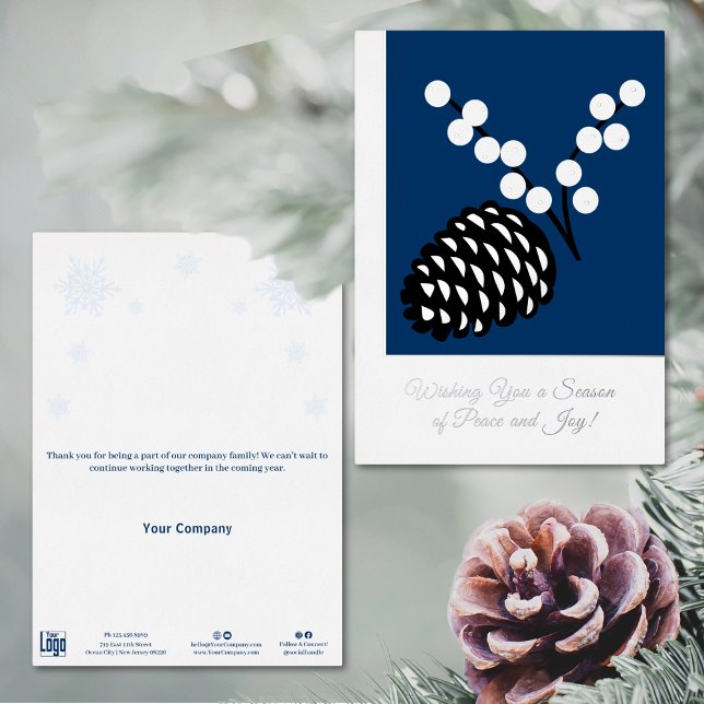 Elegante tarjeta de vacaciones de Relieve metaliza (Elegant Pine Cone Foil Business Holiday Card, Black, White and Blue)