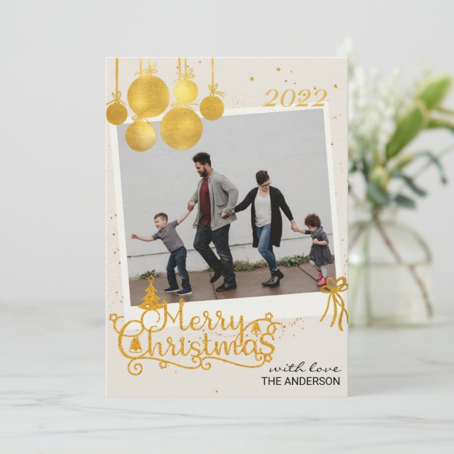 Elegante tarjeta de vacaciones navideñas Gold Merr (Anverso de pie)