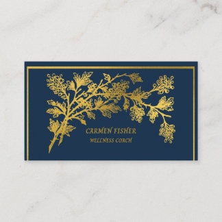 Elegante tarjeta de visita azul y dorada