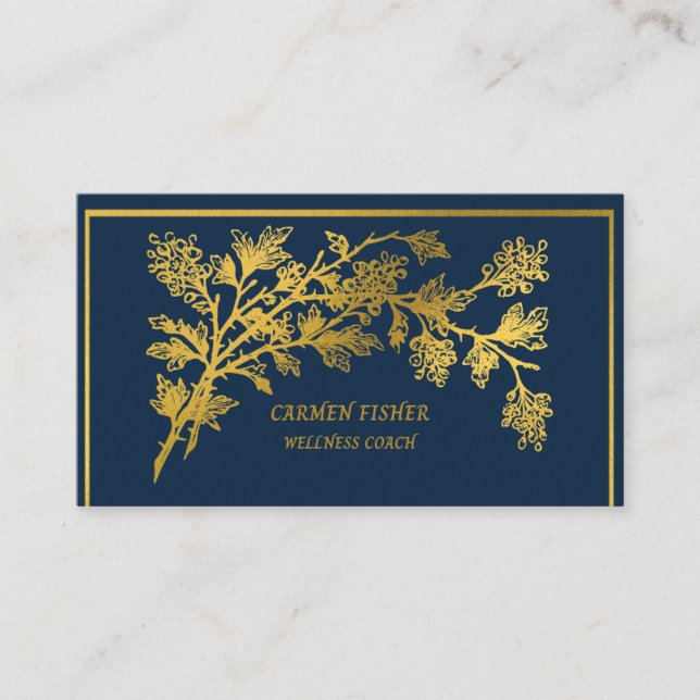 Elegante tarjeta de visita azul y dorada (Anverso)