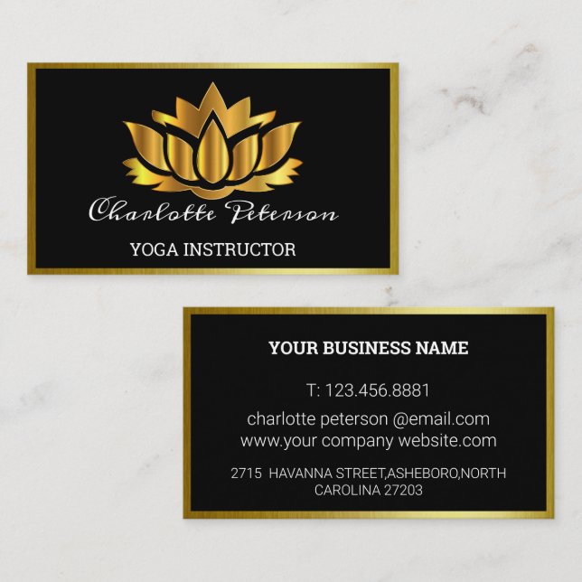 Elegante tarjeta de visita Black and Gold Lotus (Anverso / Reverso)