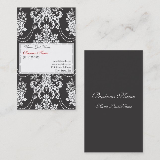 Elegante tarjeta de visita Black Floral Damask (Anverso / Reverso)