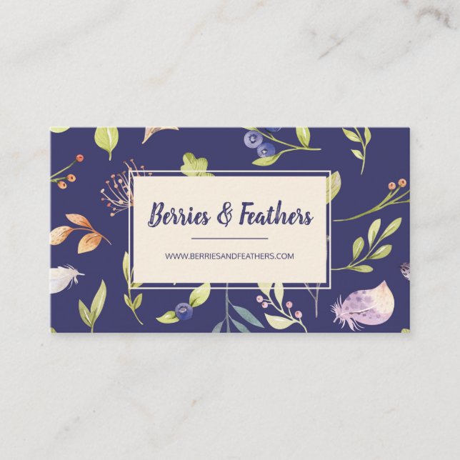 Elegante tarjeta de visita Boho Berries & Feathers (Anverso)