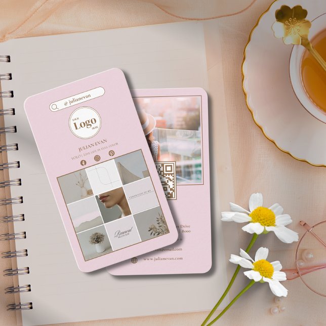 Elegante tarjeta de visita de Collage de fotos ros (Elegant Pink Instagram Photo Collage Business Card)
