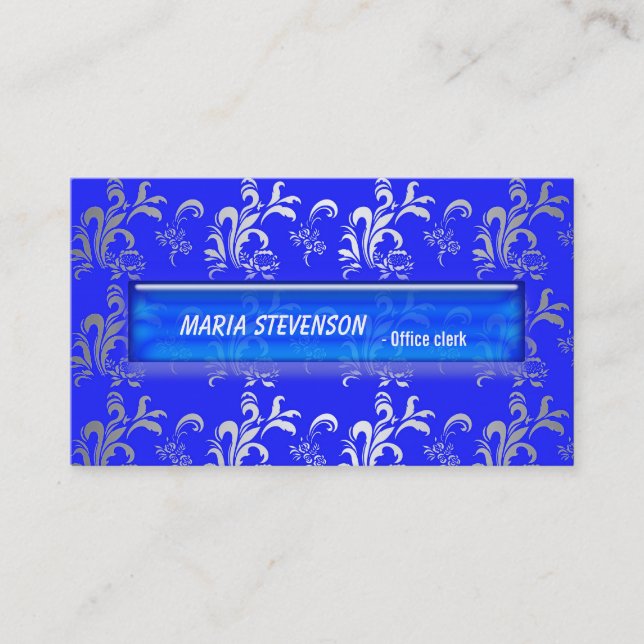 Elegante tarjeta de visita de damasco azul (Anverso)