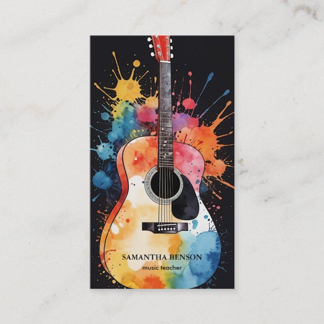 Elegante tarjeta de visita de músico con guitarra (Anverso)
