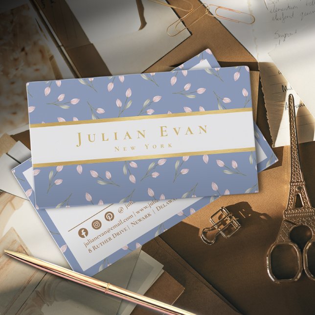 Elegante tarjeta de visita Dusty Blue Faux Gold Fl (Subido por el creador)
