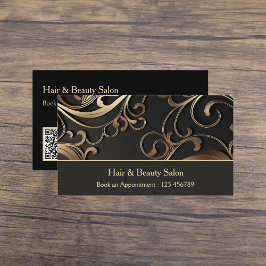 Elegante tarjeta de visita en negro y oro con códi